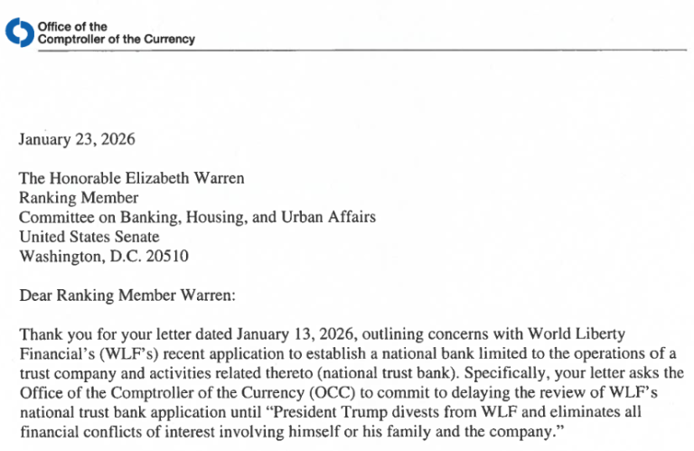 La OCC Avanza con la Solicitud de Charter Bancario de WLF Apoyada por Trump