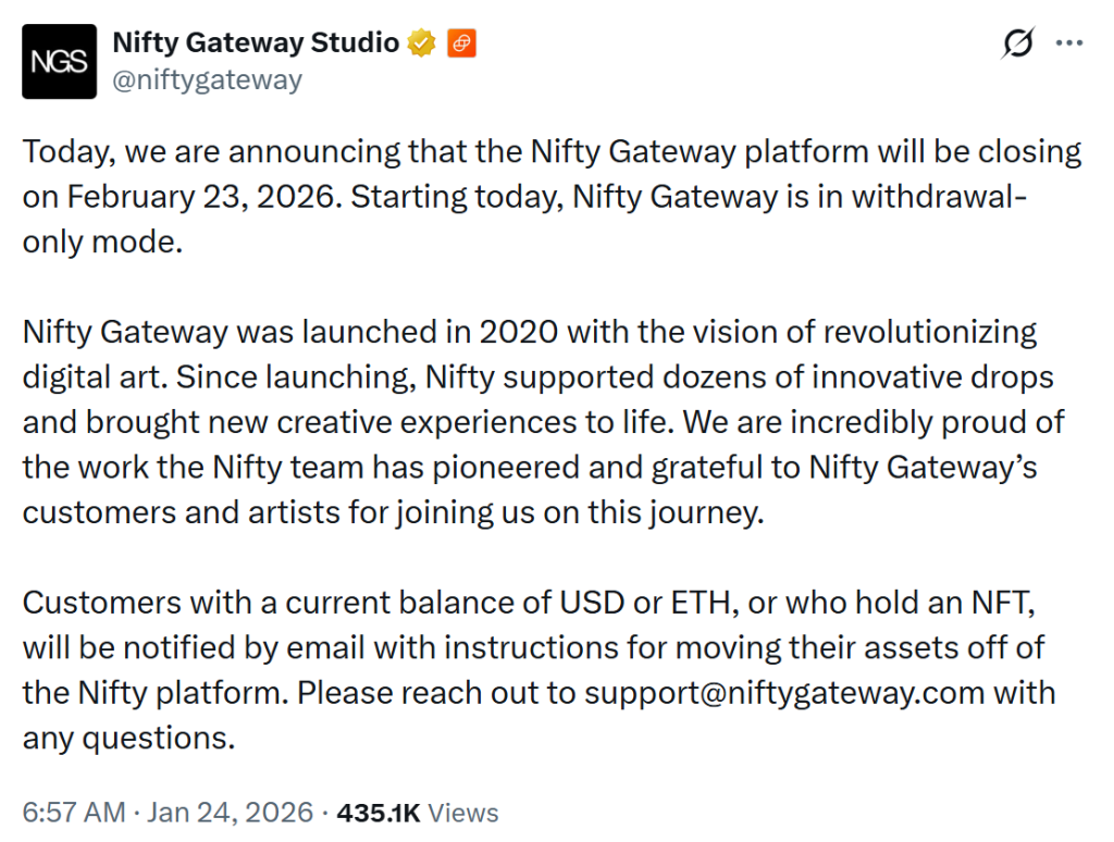 Nifty Gateway Cerrará en Febrero de 2026 ante el Descenso del Mercado NFT