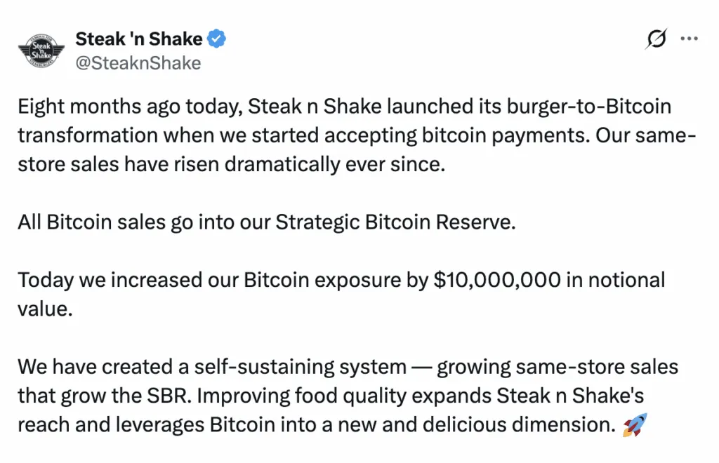 Steak ’n Shake Añade $10 Millones en Bitcoin a su Tesorería
