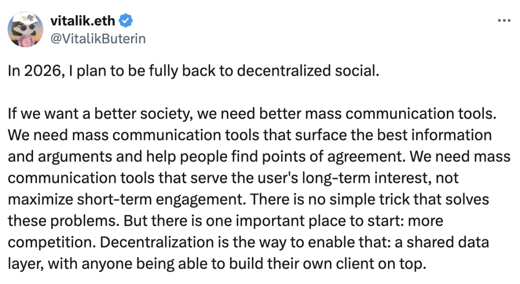 Vitalik Buterin Anuncia su Regreso a las Redes Sociales Descentralizadas en 2026