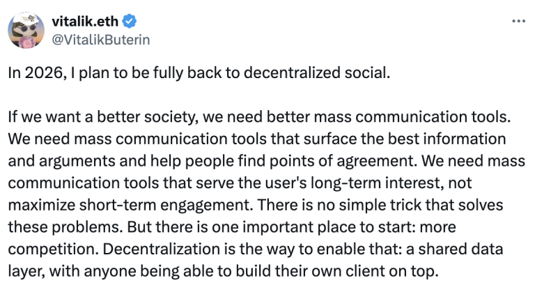 Vitalik Buterin Anuncia su Regreso a las Redes Sociales Descentralizadas en 2026