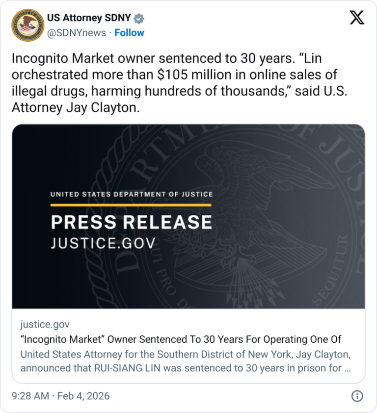 Creador del mercado incognito recibe 30 años tras rastreo cripto de la FBI