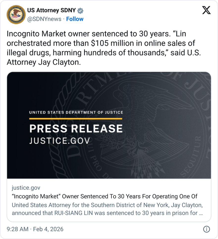 Creador del mercado incognito recibe 30 años tras rastreo cripto de la FBI