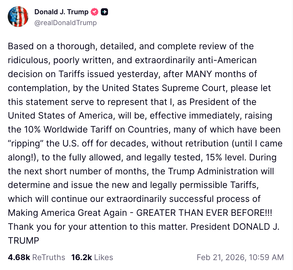 El Presidente Trump Aumenta Tarifas a 15%, Cripto se Mantiene Estable