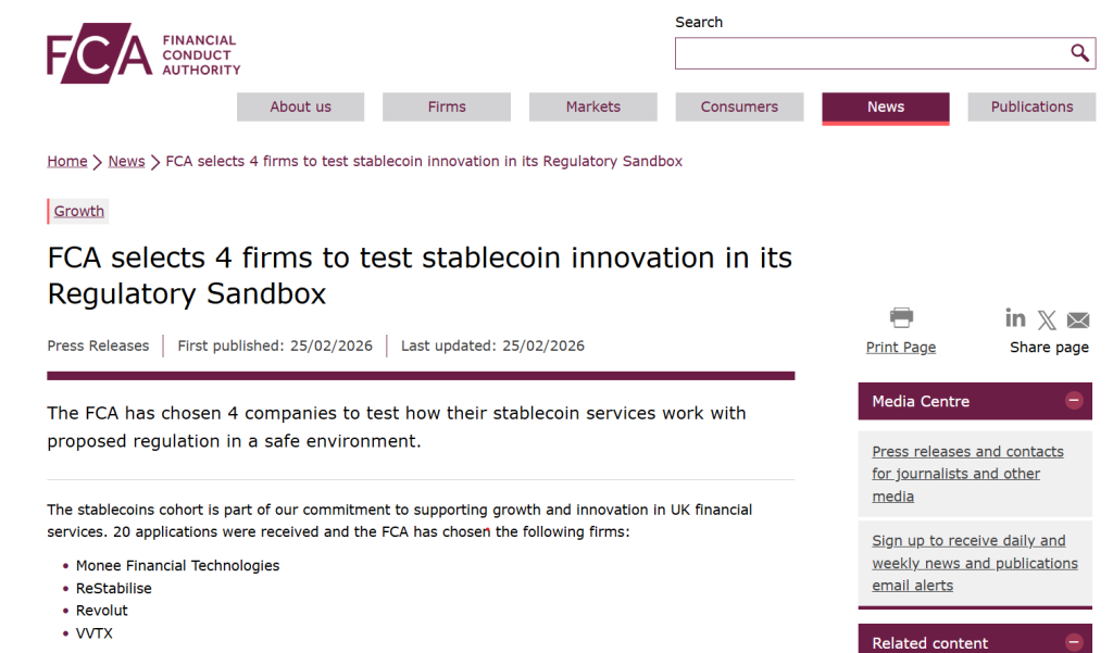FCA Elige 4 Empresas para Probar Innovación en Stablecoin en el Sandbox del Reino Unido