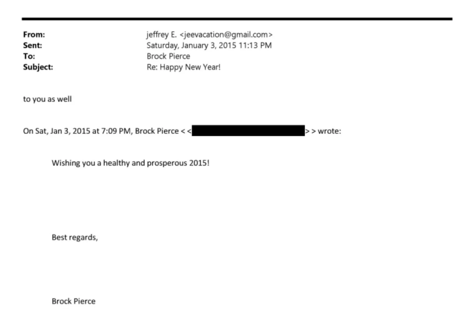 Intercambio de correos electrónicos entre Jeffrey Epstein y Brock Pierce. Imagen: DOJ