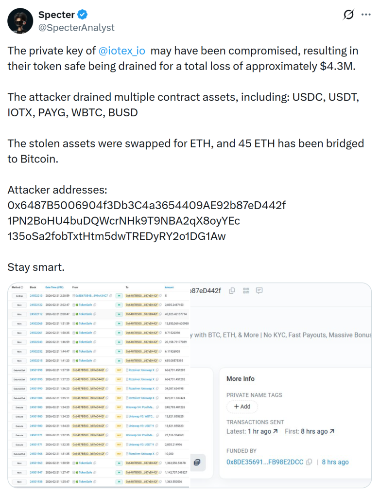 IoTeX Investiga Incidente de Token Safe con Pérdida Estimada de $4.3M