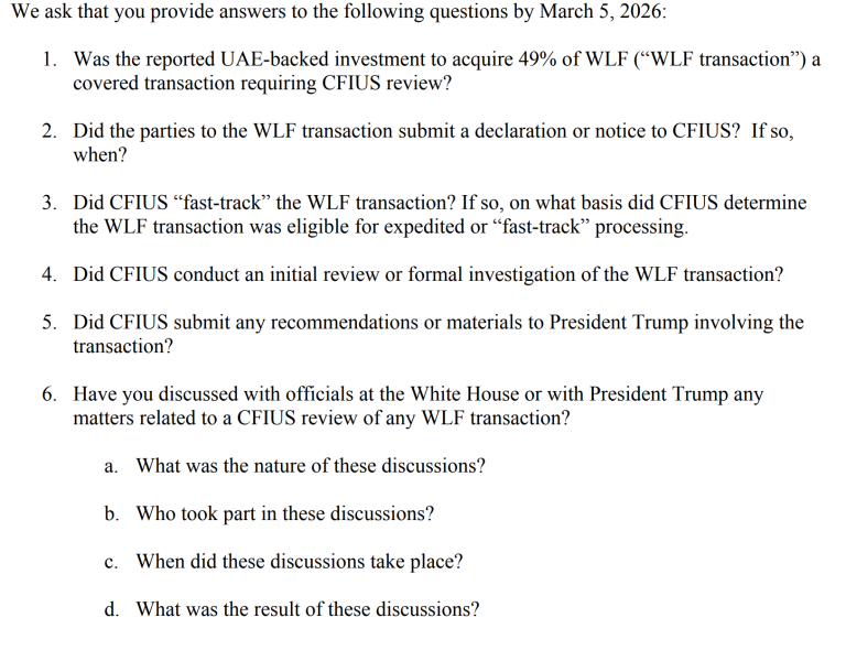 Senadores Piden Investigación de CFIUS por Inversión de $500M de Emiratos en WLFI Vinculado a Trump