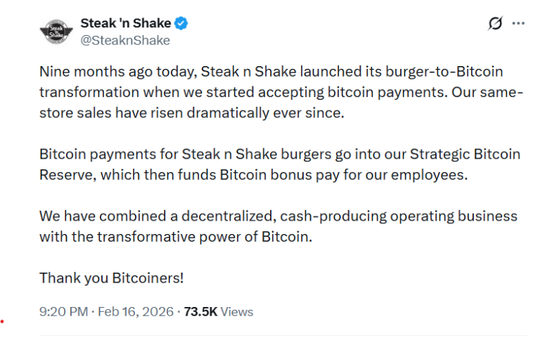 Steak 'n Shake: Impulso de Bitcoin Aumenta Ventas “Dramáticamente”