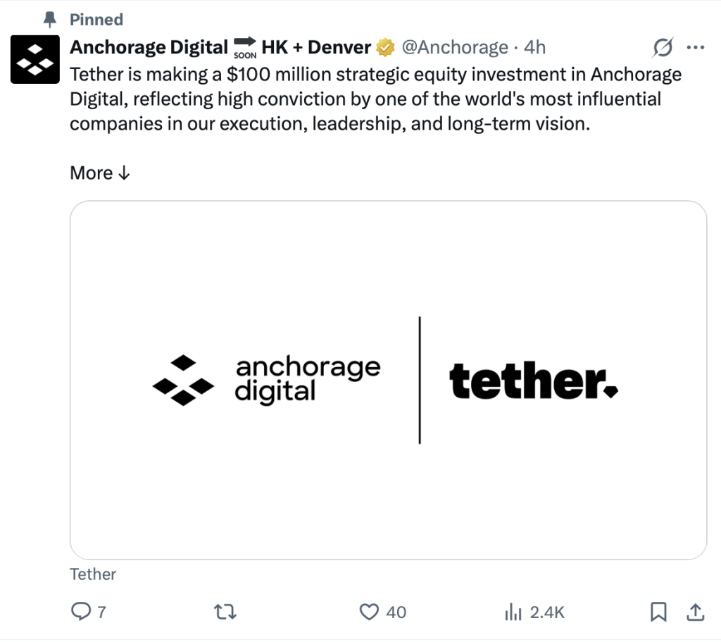 Tether Invierta $100M en Anchorage Digital