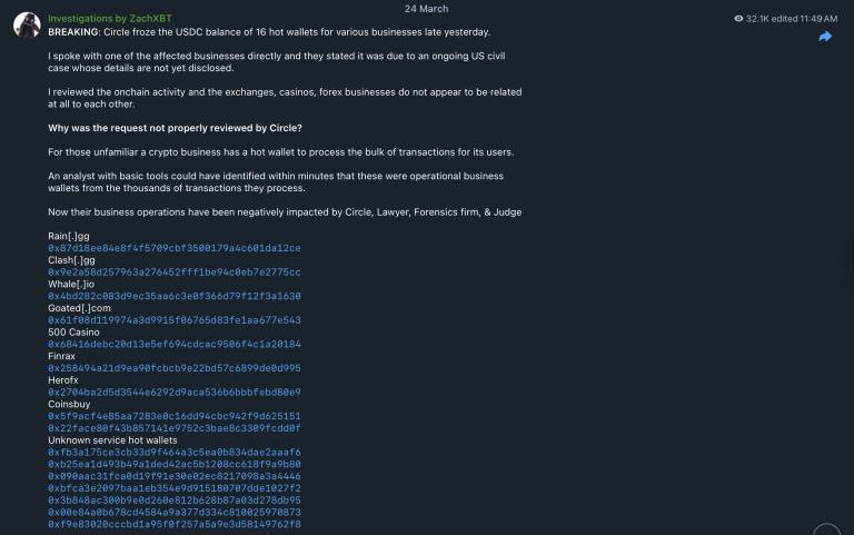 Circle Congela 16 Carteras de Stablecoins 'No Relacionadas', Asegura ZachXBT