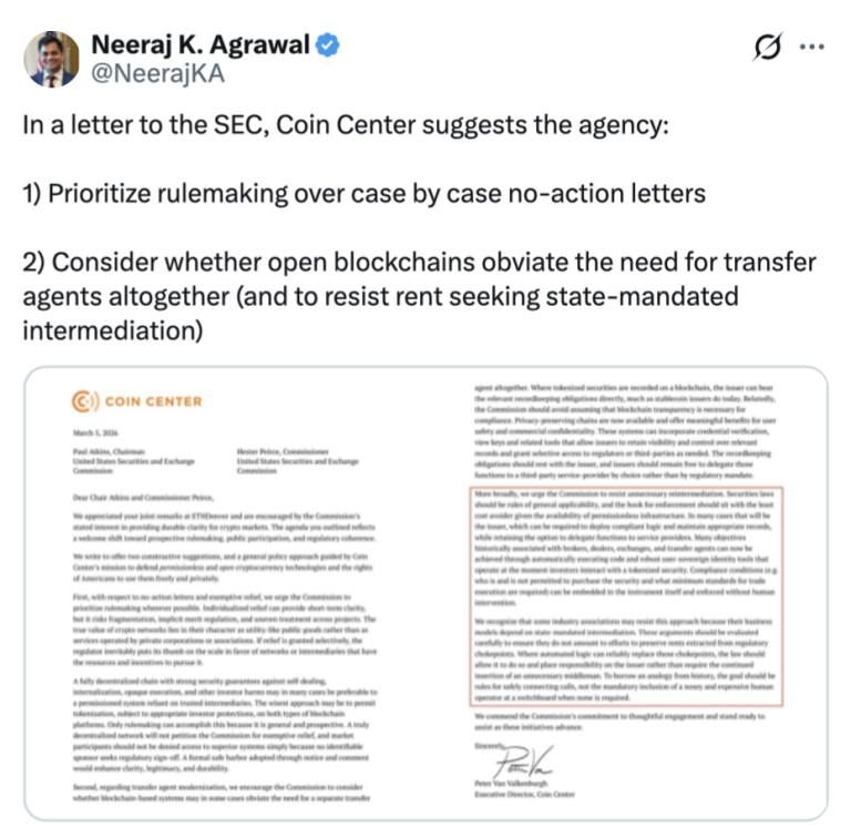 Coin Center Insta a la SEC a Priorizar Normativa sobre Cartas sin Acción
