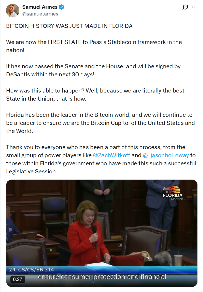 El Senado de Florida Aprueba el Primer Proyecto de Ley de Stablecoin, Espera Firma de DeSantis