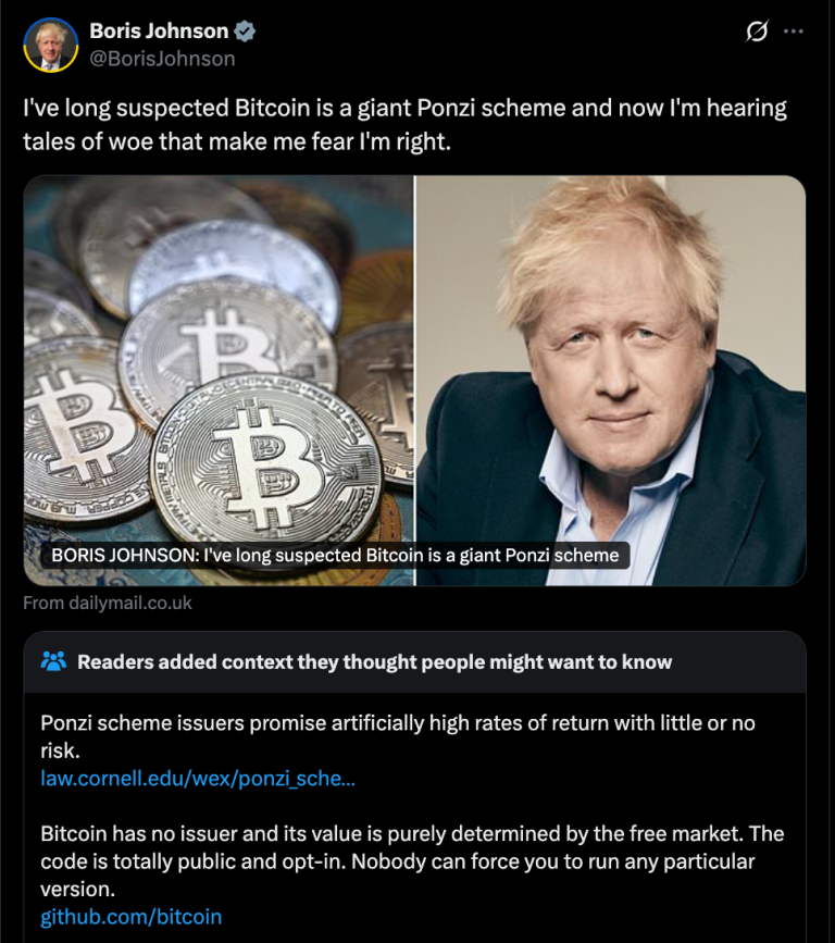 El ex PM británico Johnson llama a BTC un fraude y recibe críticas de bitcoiners.