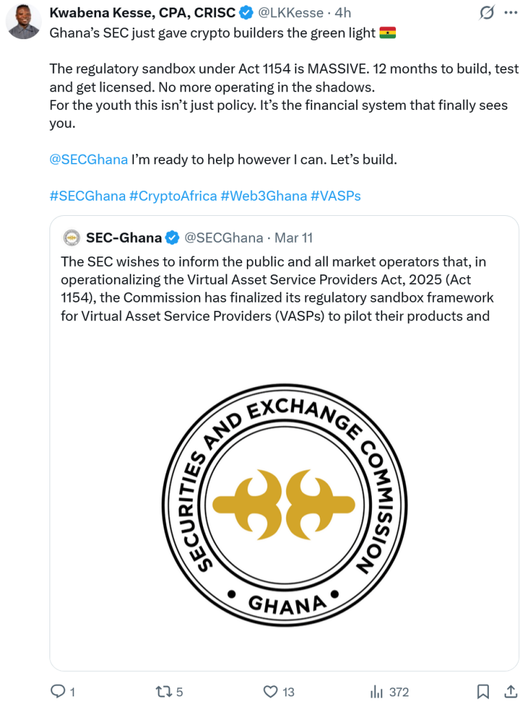 Ghana Permite a 11 Empresas Cripto Participar en Sandbox