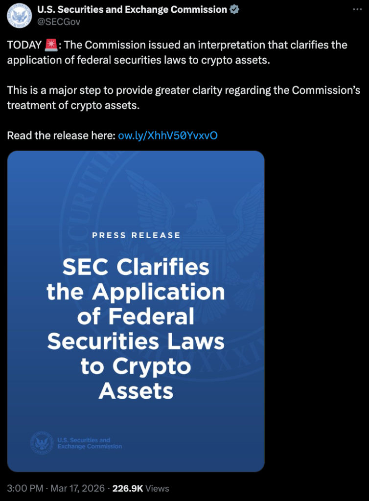 La SEC Considerará la Mayoría de los Criptoactivos No como Valores