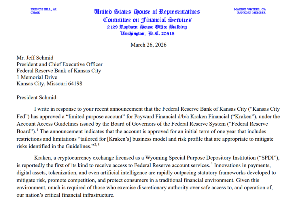Legislador de EE. UU. Exige Respuestas sobre Aprobación de Cuenta Maestra de Kraken ante la Fed