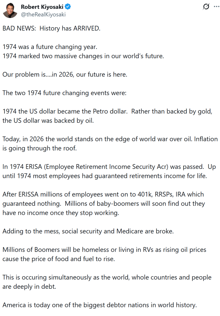 Kiyosaki Asegura que el Cambio de 1974 Impulsa la Crisis de Deuda, Apoya Bitcoin y Oro