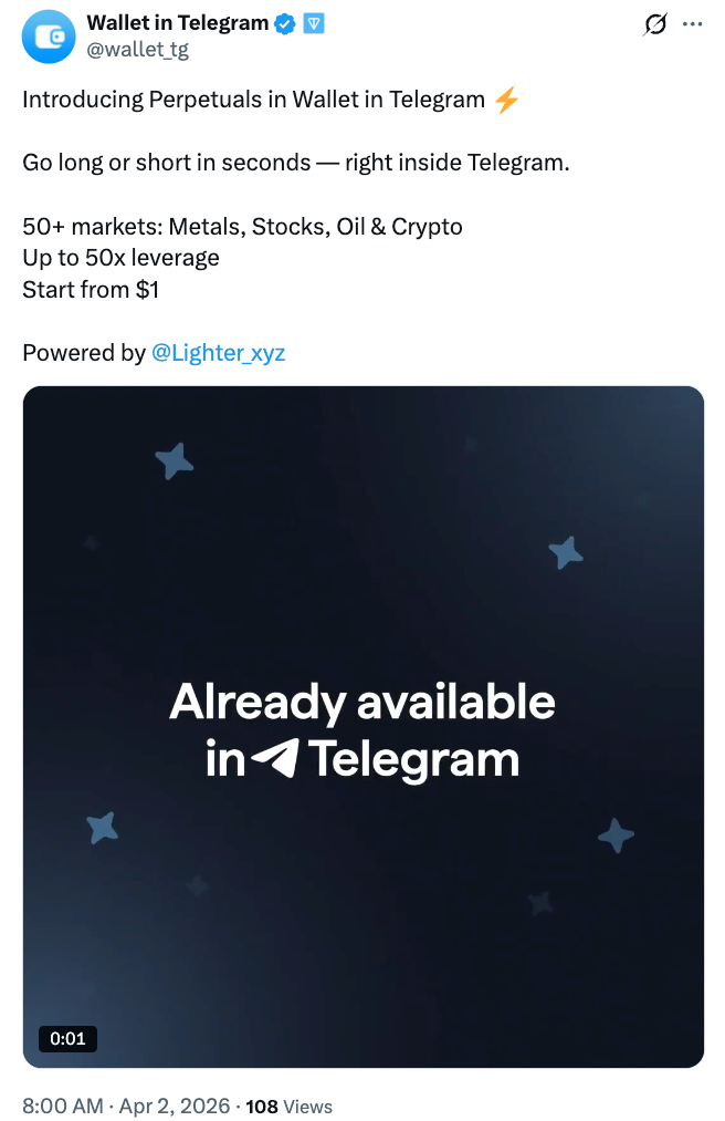 Telegram Wallet Añade Trading de Futuros Perpetuos con Lighter