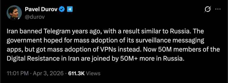 Telegram superó los 50 millones de descargas en Irán a pesar de la prohibición: Durov
